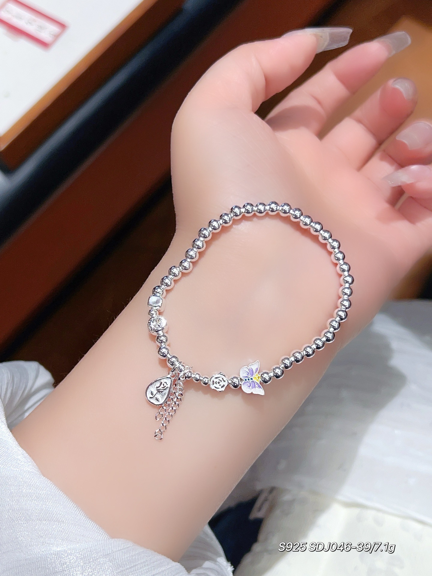 S925 pulsera de mariposa de amatista de plata esterlina joyería de plata femenina con cuentas diseño de nicho pulsera de cristal rosa regalo para novia