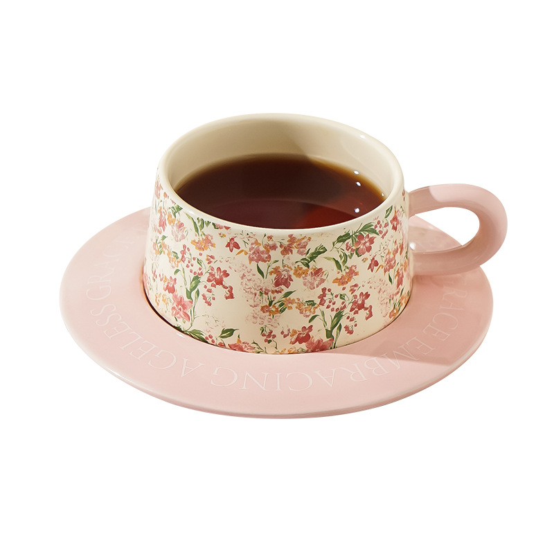 Taza de café y juego de platillos, té de la tarde floral, taza de cerámica de alto valor, regalo de mano, pintura al óleo estilo ins, mujer retro