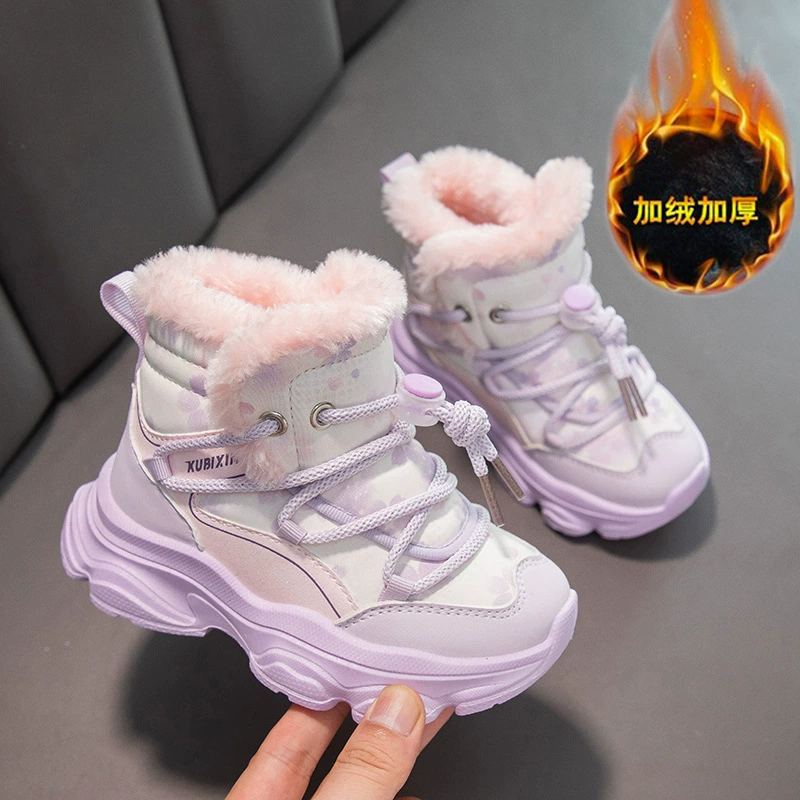 Новые зимние модные детские короткие ботинки для мальчиков с плюшевой подкладкой, утолщенной резинкой, большие хлопковые сапоги, зимние сапоги для девочек для детей старшего возраста.