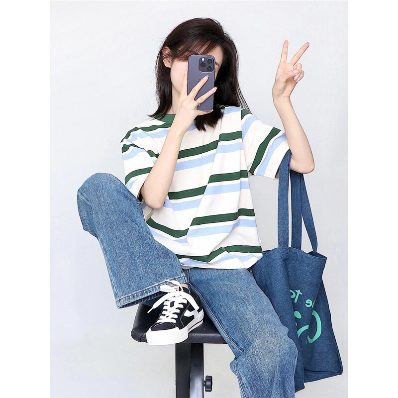 Trendy American Retro Striped Regular Shoulder Short-Sleeve T-Shirt for Women, Summer 2026 New Design, Niche Oversized Top