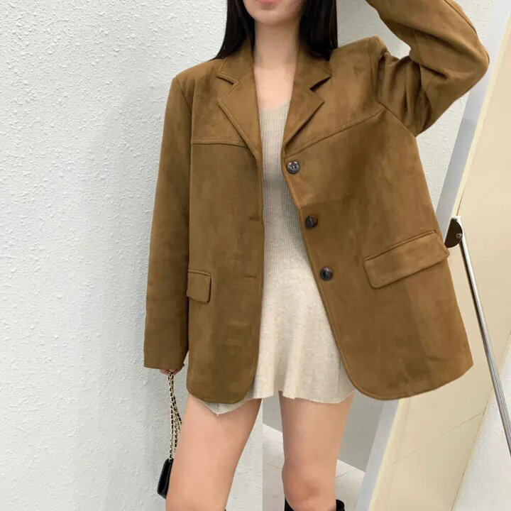 chic韩国秋冬美式复古咖色鹿皮绒西装外套美拉德长袖西服女|undefined