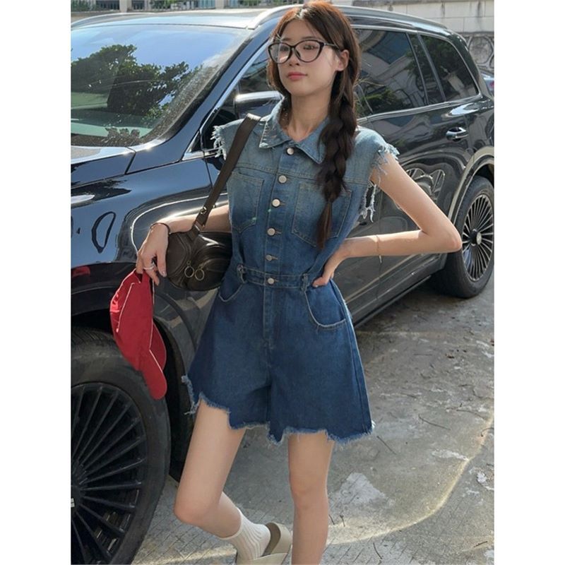Spring and Summer Sleeveless Denim Vest, Shoulder-Padded Shirt, Short-Sleeved T-Shirt Top, Women's Wide-Leg Shorts Two-Piece Suit for Women