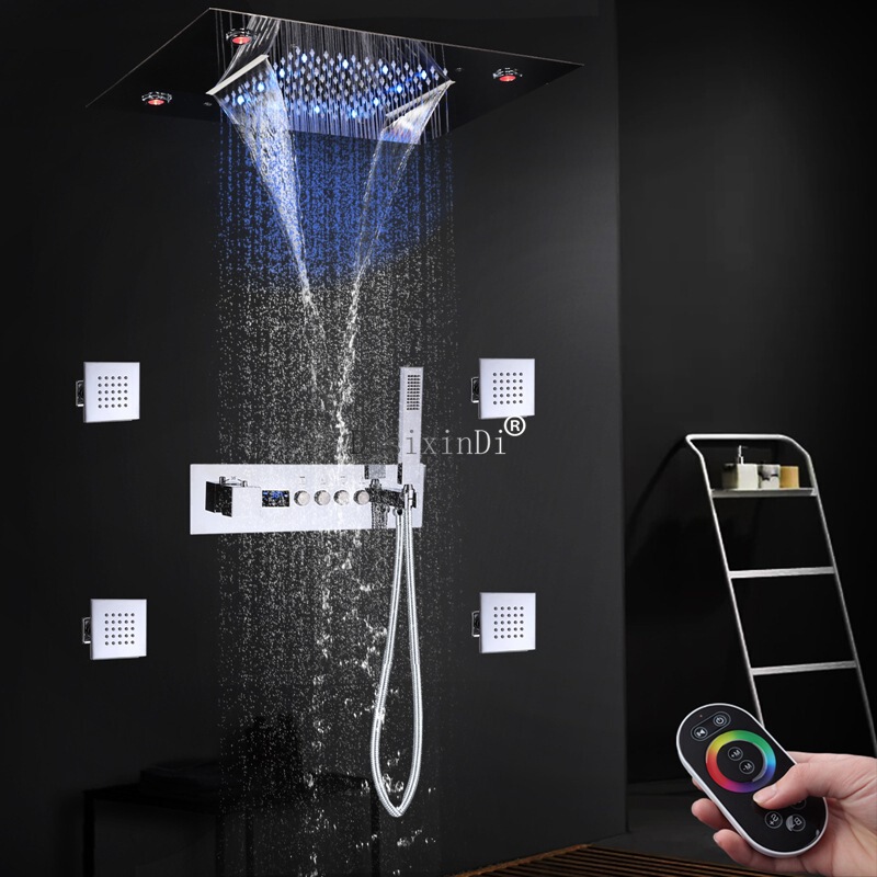 Bathroom concealed digital display constant temperature shower system embedded top type 20*14 inch LED waterfall shower suit Bathroom concealed digital display constant temperature shower system embedded top type 20*14 inch LED waterfall shower suit
