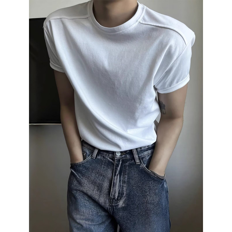 圆领拼接设计短袖T恤男夏季高级感重磅百搭体恤韩版运动休闲上衣