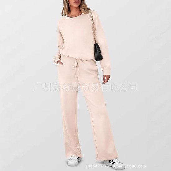 クロスボーダーヨーロッパとアメリカの秋と冬の無地ラウンドネックプルオーバーパンツ婦人服ファッションカジュアル長袖スウェットシャツスーツ新製品|undefined