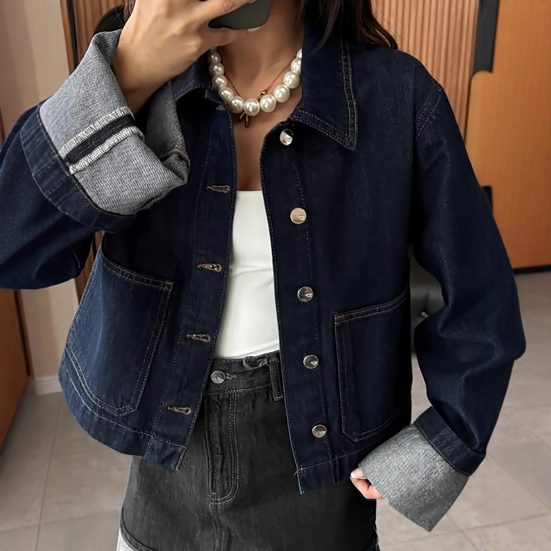 European and American Women's Original Color Denim Rolled Edge Long Sleeves Non-Elastic Casual Denim Jacket