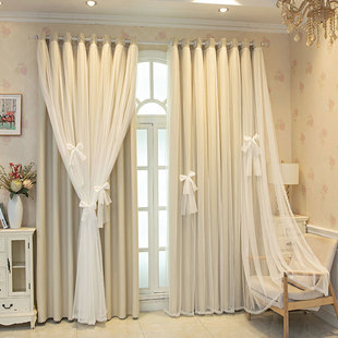 Trendy New Cream-Colored Blackout Curtains for Bedroom, Girl's Room, Fabric and Sheer Integrated Double-Layer Curtains for Living Room and Balcony Bay Window
