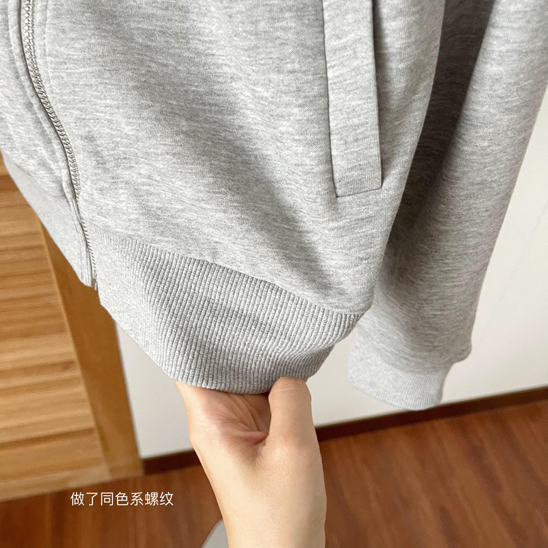 黑色连帽卫衣女修身百搭设计感翻领美式开衫外套上衣|undefined