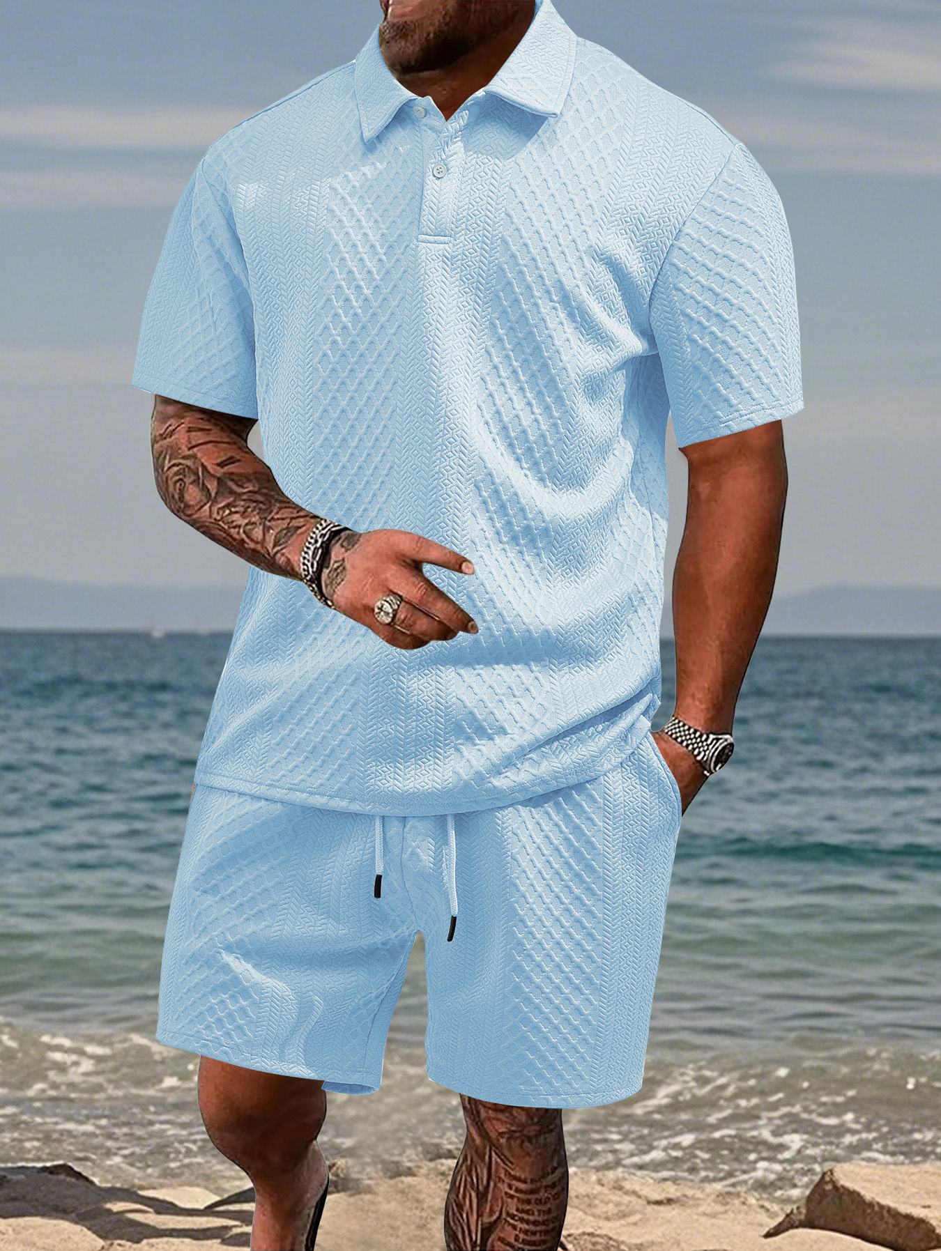 Cross-border nuevo hombre Jacquard Polo verano delgado con solapa cuadrada casual deportivo conjunto de mangas cortas para hombres