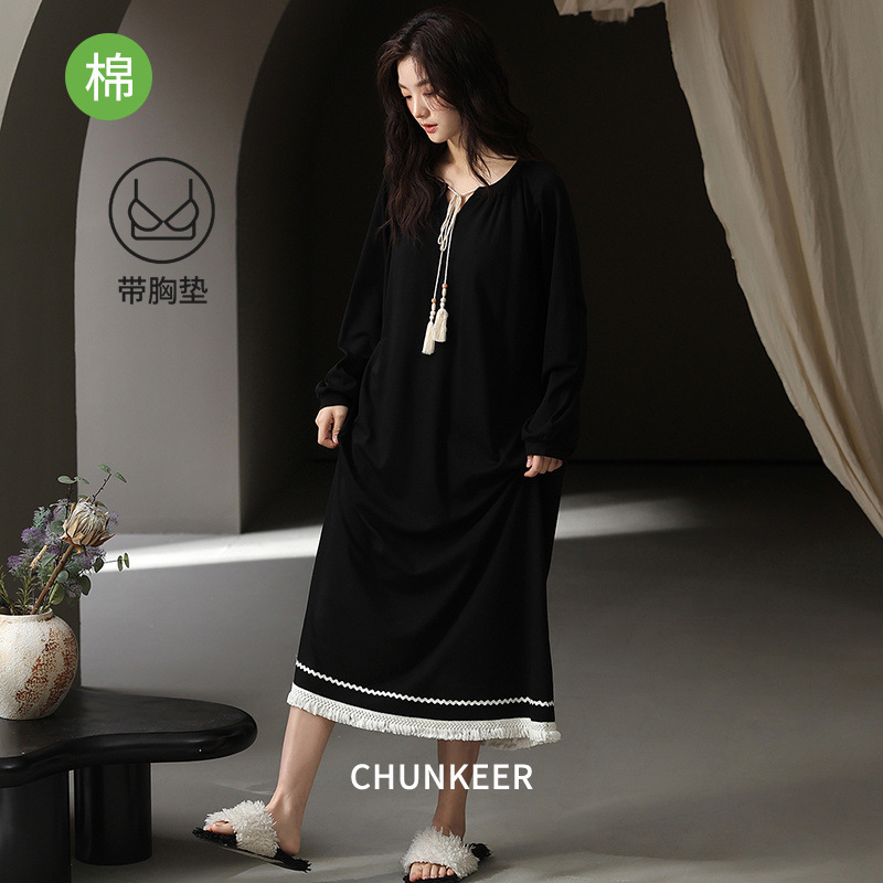 Pure Cotton Stretch Long-Sleeved Nightgown That Can Be Worn Outside, Women's Spring and Autumn Loungewear, Plus Size, Soft, Comfortable, Sweet Nightgown Long Dress Pure Cotton Stretch Long-Sleeved Nightgown That Can Be Worn Outside, Women's Spring and Autumn Loungewear, Plus Size, Soft, Comfortable, Sweet Nightgown Long Dress