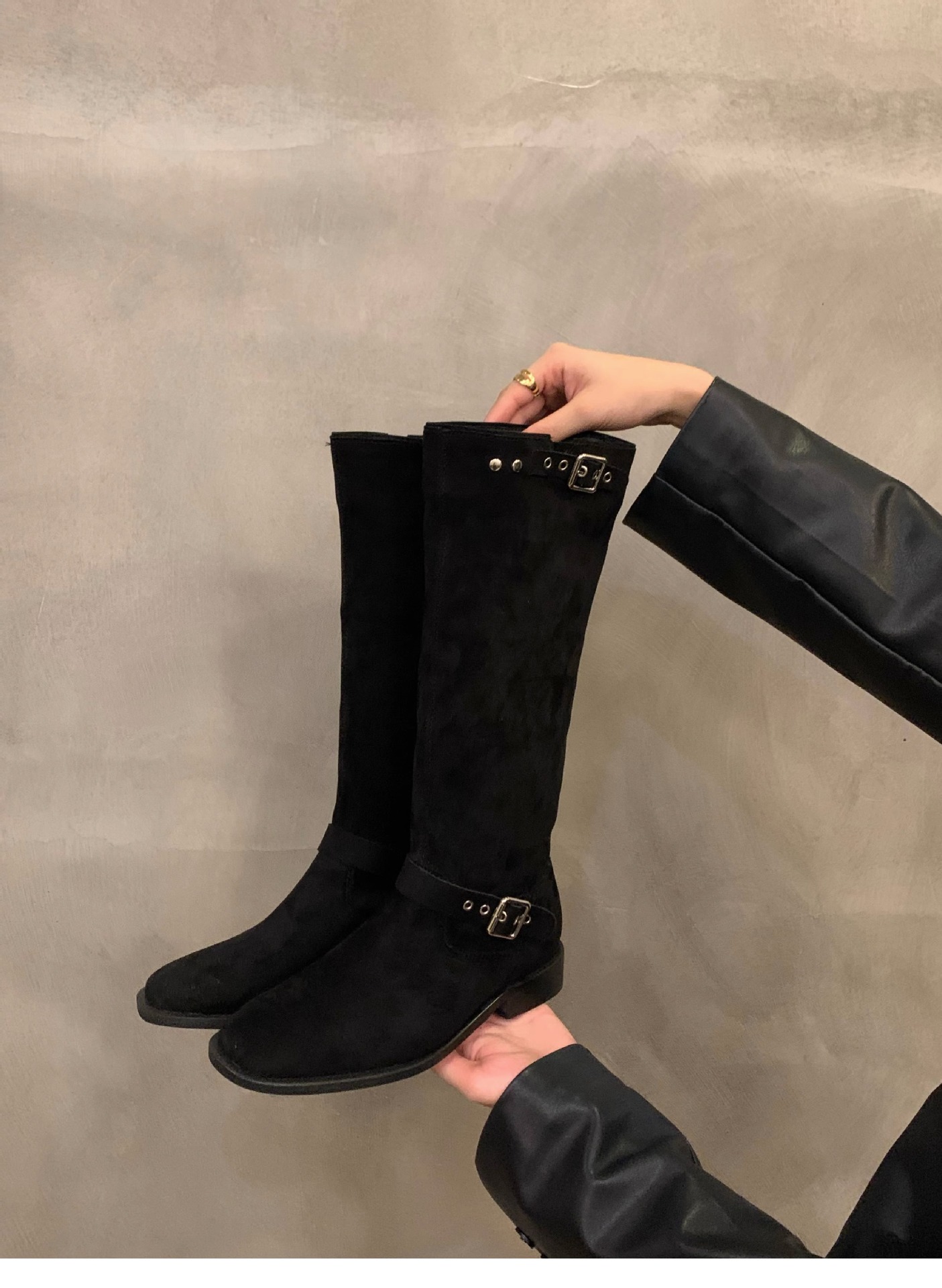 Dicker Absatz Khaki Mid Knight Damen Frühling und Herbst 2023 Neue Sommer-Wildleder-Langarmstiefel_voghion.com