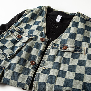 Japanese-Style Multi-Pocket Vintage Denim Motorcycle Washed Distressed Plaid Denim Work Vest Men's Loose Vest Jacket
