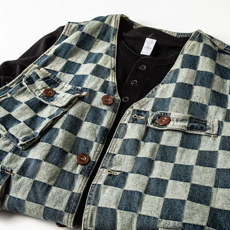 Мужской свободный жилет-рубашка в стиле винтаж, деним, с множеством карманов, потертый, в клетку, в стиле мотоциклетной одежды, японского дизайна