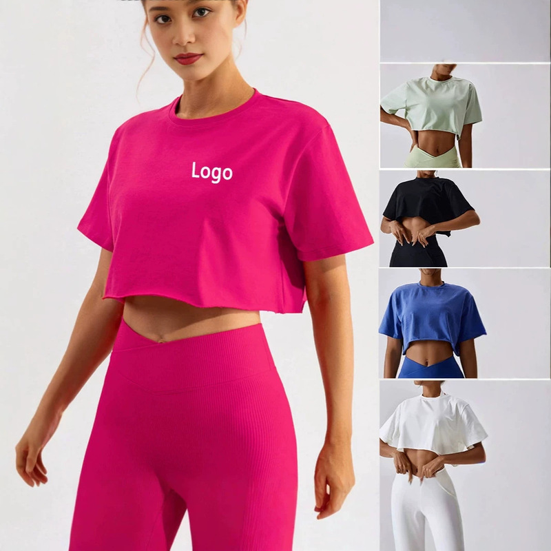 Short, cropped sports T-shirt for women, loose fit, round neck, fitness short sleeve, high-waisted, navel-exposed yoga top, can be printed with a logo Short, cropped sports T-shirt for women, loose fit, round neck, fitness short sleeve, high-waisted, navel-exposed yoga top, can be printed with a logo