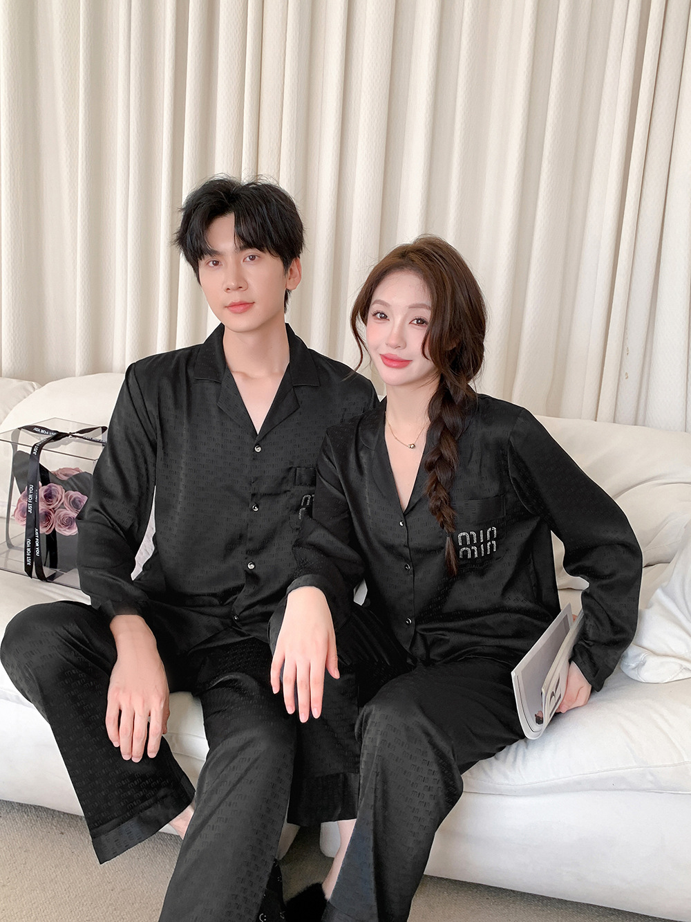 Luxuriöser Eis-seide Partner Pyjama Satin Jacquard Hausanzug_voghion.com