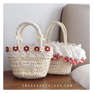 Korean Style Sweet Style Girl's Handbag Summer Holiday Beach Coin Purse Girl's Handmade Cherry Straw Bag