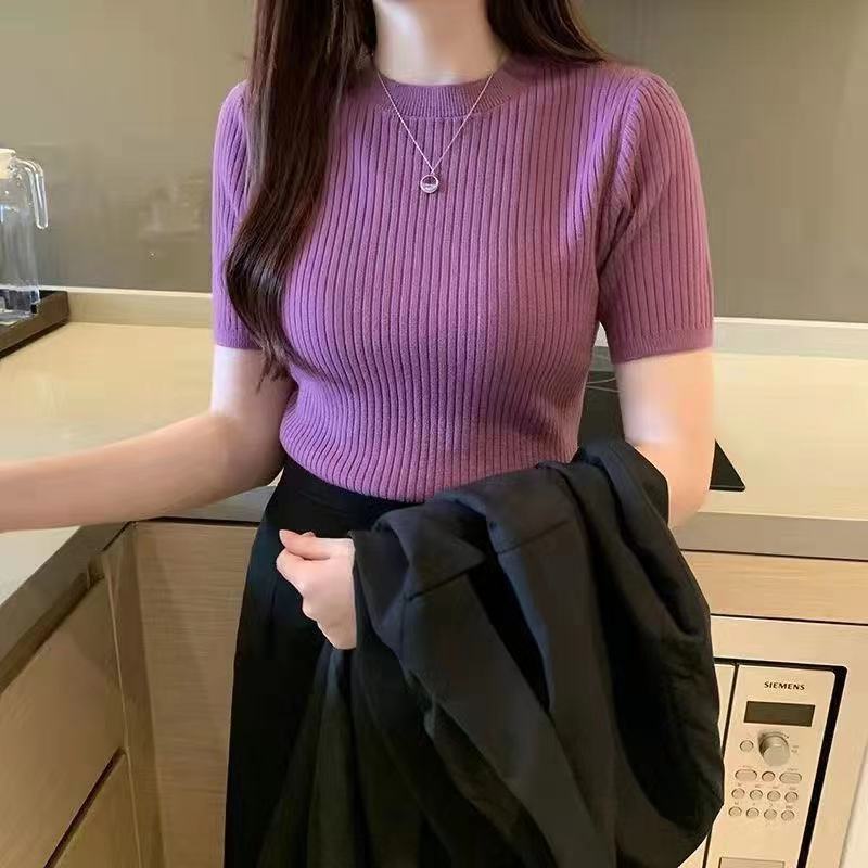 Summer 2024 new slim-fit sweater short-sleeved top women's pullover short round neck bottoming shirt Summer 2024 new slim-fit sweater short-sleeved top women's pullover short round neck bottoming shirt