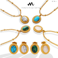 French bohemian personality fashion retro turquoise cat's eye stone inlaid necklace earrings jewelry set wholesale for women