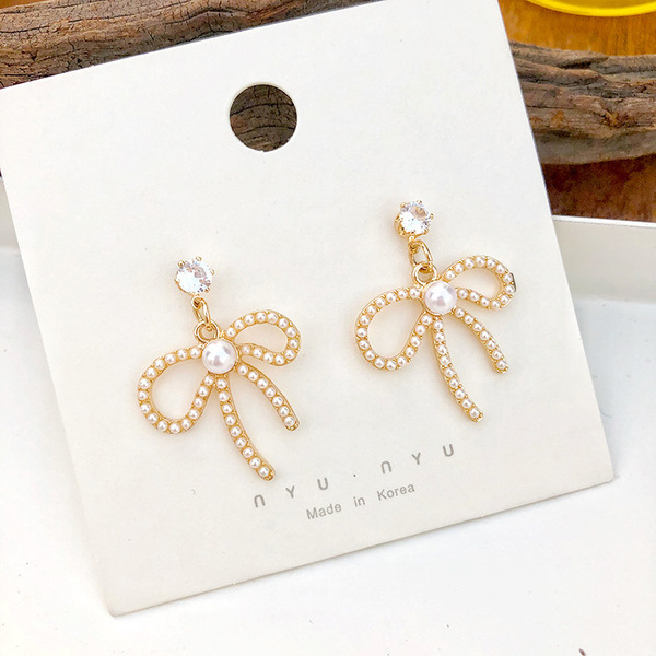 Fashionable cute retro earrings with bow with zircon from pearl