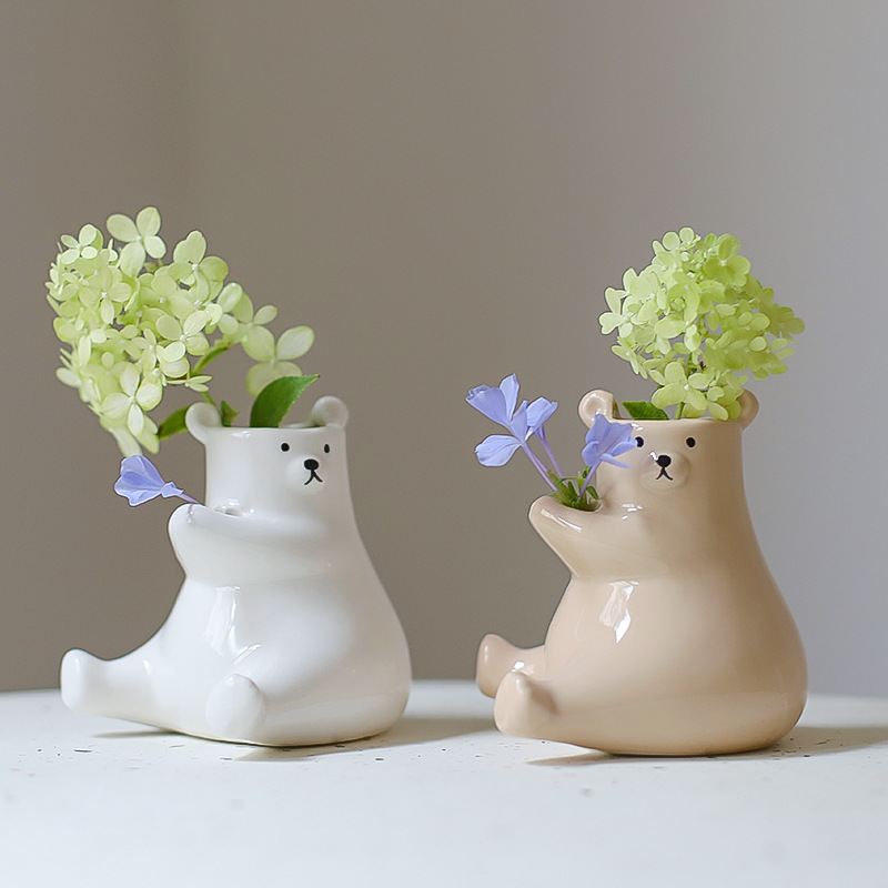 New Living Room Desktop Cartoon Cute Ceramic Bear Hydroponic Plant Flower Pot Vase Creative Gift Ornament Floral Art