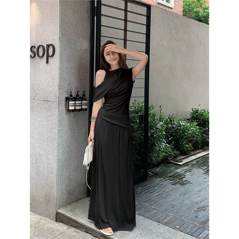 高級気質スーツ フェイクツーピース スプライスオフショルダーTシャツ 夏ドレープスカート Aラインロングスカート レディース2点セット|undefined