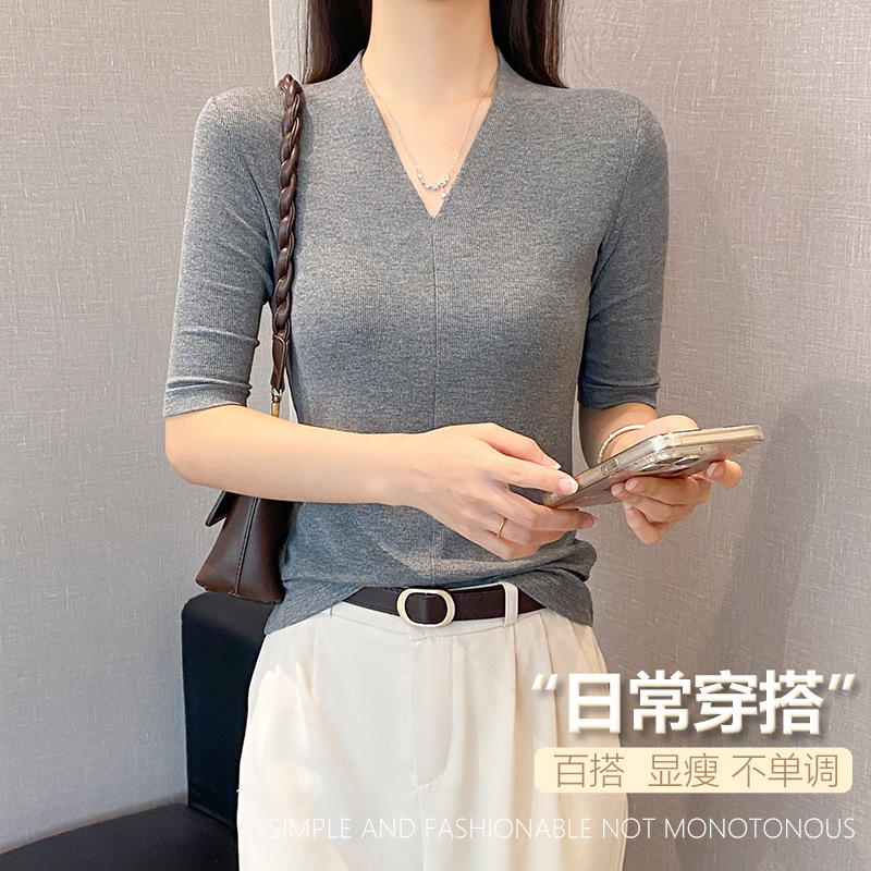 鹭岛故事螺纹黑色深V领中袖t恤女春秋修身五分半袖打底衫百搭上衣|undefined