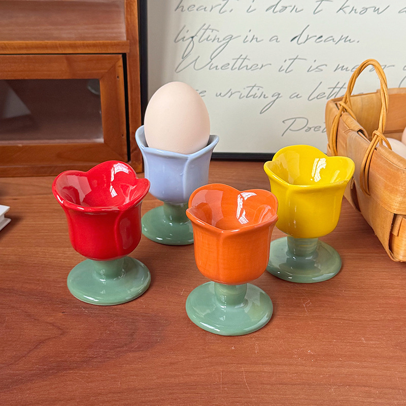Cross-Border Tulip Flower Egg Cup Ceramic Egg Tray Single Children's Breakfast Creative Tableware Cute Egg Cup