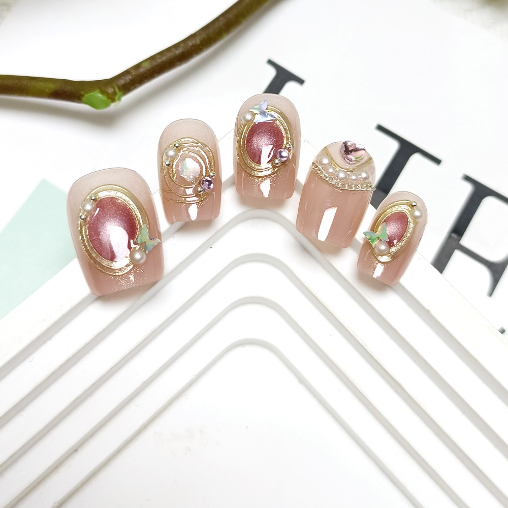 Rubijo ojo de gato de diamante para usar uñas cortas, uñas exquisitas y elegantes, 10 piezas de parche de uñas falsas.
