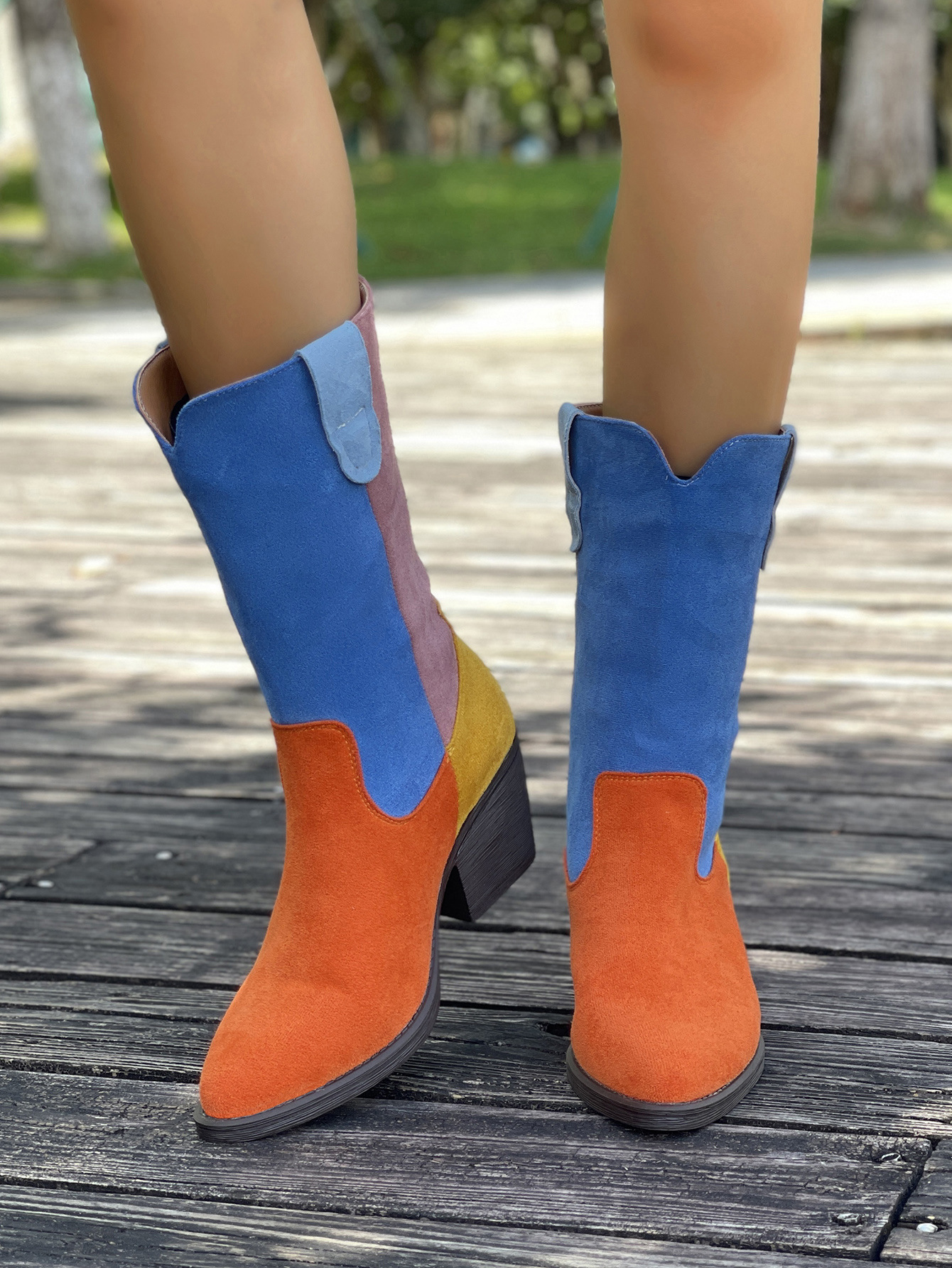 Women's Cowboy Boots Colour Blocked Pointed Toe Mid Heel Western_voghion.com