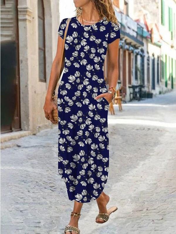 Printing, Pocket Design Casual Style Women's Regular Dress Casual Round Neck Printing Pocket Short Sleeve Printing Ditsy Floral Maxi Long Dress Daily