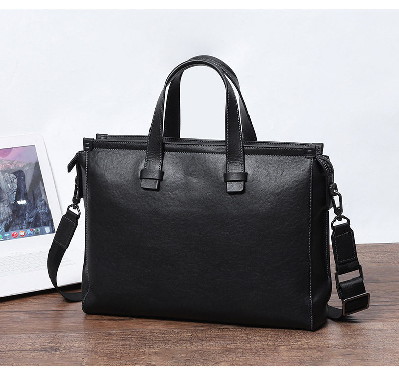 Túi xách tay nam da bò thật công sở đựng tài liệu laptop dung tích lớn 38×11×26 cm — Màu đen da thực vật chi tiết 3