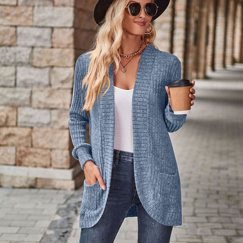 Long-sleeved cardigan coat—Amazon 2025 spring/autumn new solid-color ribbed brushed-mesh spliced long-sleeved coat wholesale
