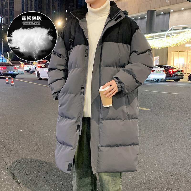 컬러 블록 후드 코튼 패딩 재킷 남성용 루즈 트렌디 엑스트라 롱 무릎 길이 코튼 패딩 재킷 코트 겨울 두꺼운 따뜻한 코튼 패딩 재킷