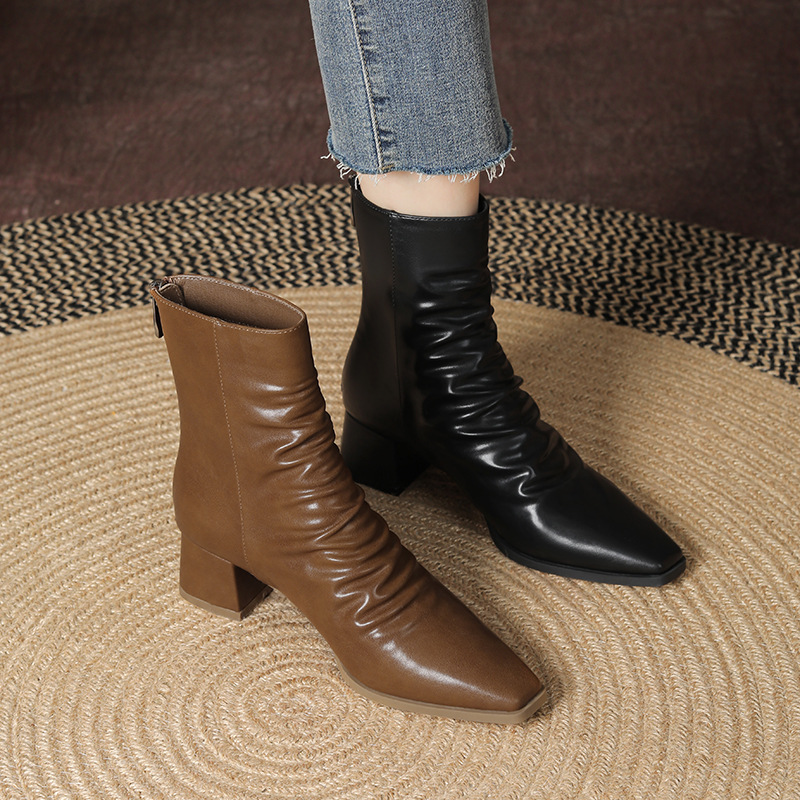 6618-8 High texture ~ French retro ruffled Western boots women's head thick heels High heels Martin boots women's ankle boots Autumn