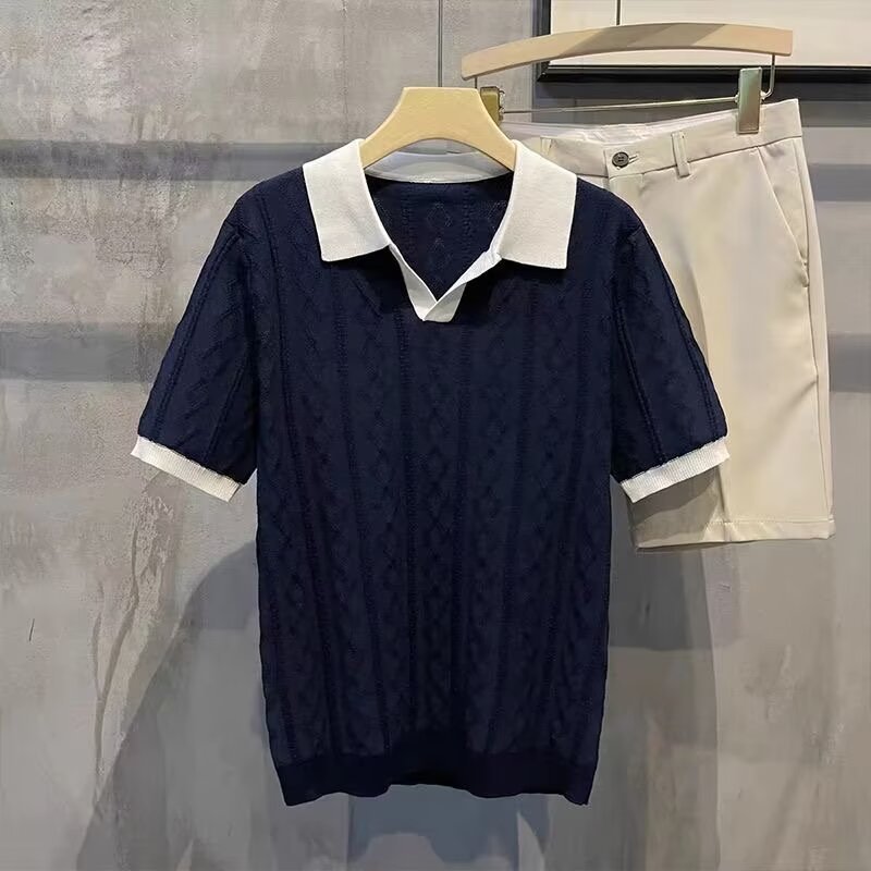 Polo camiseta de punto camiseta de manga corta hombre cuello en V cuello gaviota color de textura vieja camiseta de viento de verano fábrica transfronteriza al por mayor