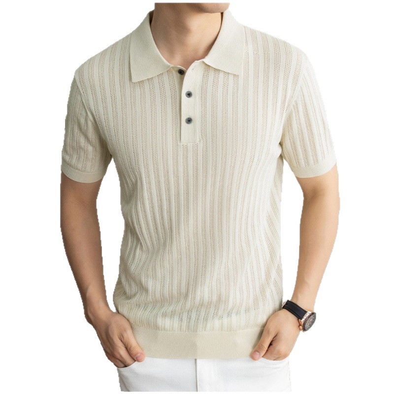 Men's Ice Silk Breathable Polo Shirt Short Sleeve Hollow Out Jacquard Knit Summer Casual Loose Versatile Top_viptrois.com