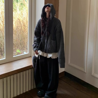 美式复古连帽毛衣男女冬季慵懒风宽松青少年情侣麻花针织开衫外套