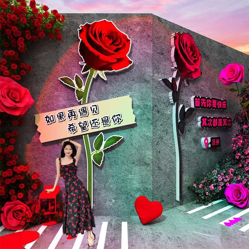 七夕网红打卡氛围布置玫瑰花店形象墙面装饰室外背景2025小院露营