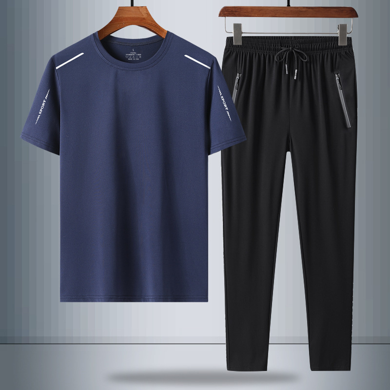 Verano de mediana edad camiseta de manga corta hombre hielo pantalones secos rápidos de media manga dos piezas set de mediana edad papá set de verano