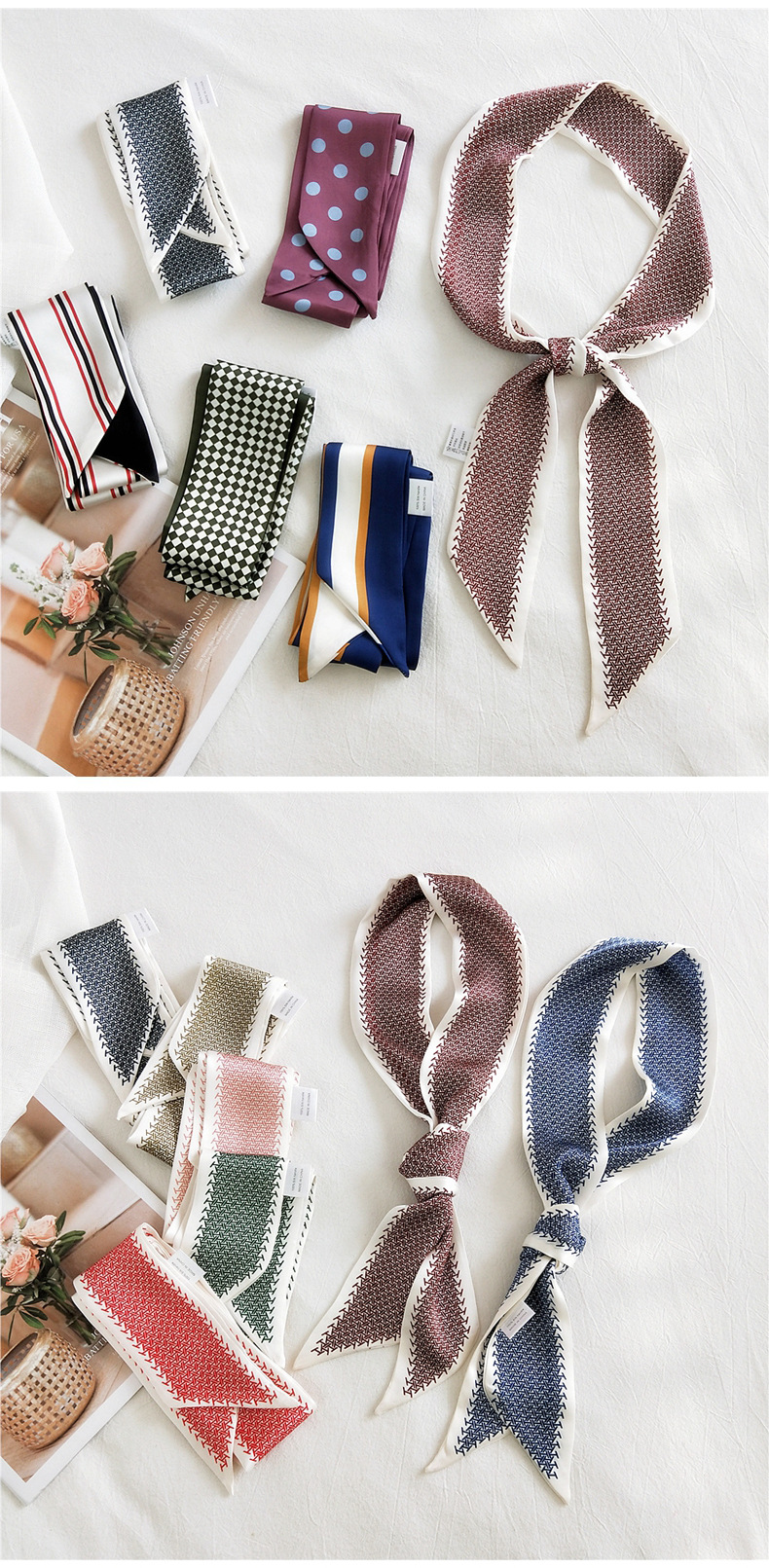 30g Weight Silk Scarf Classification Travel Occasion Unisex Gender Sweet Style Khaki, Grey, White, Purple, Red, Green, Blue, Yellow, Black Color Fashion Narrow Long Small Silk Scarf 1