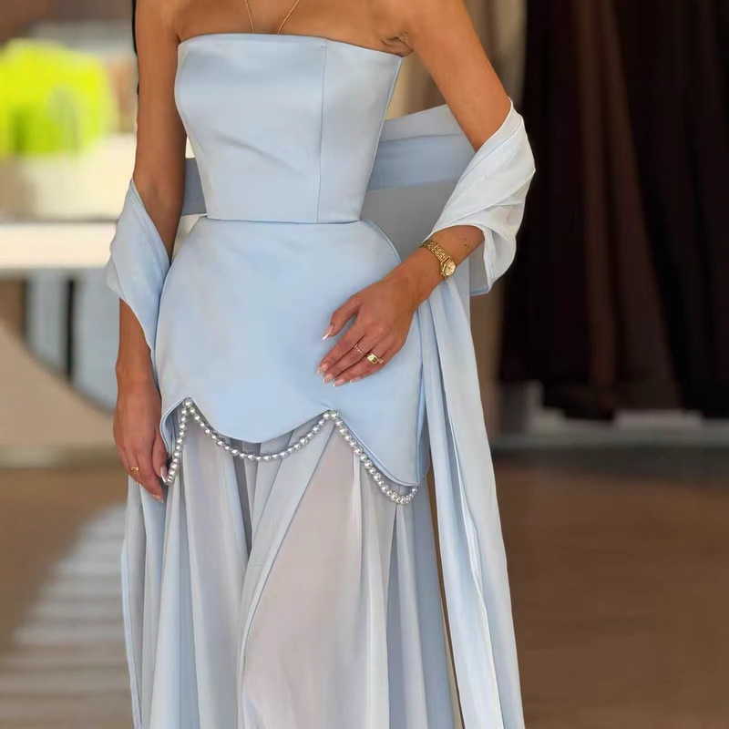 Solid Color Strapless Mesh Patchwork Dress 2026 Summer Style Light Luxury Style Pearl Embellished Mesh Flowing Shawl Evening Gown