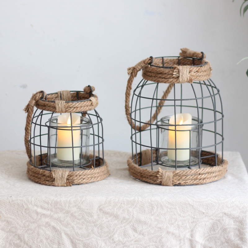 Retro old iron style lamp candle holder B&B courtyard decoration ornaments hanging portable glass candle holder industrial style