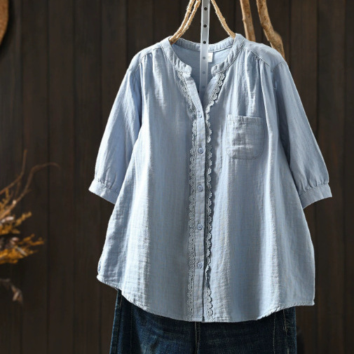 Summer new style short-sleeve women's shirt, super popular, age-reducing, lace-trimmed blue cotton top 67122