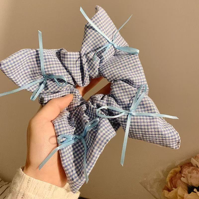 5679 스퀘어 스카프 체크 네모퉁이 리본 블루 (26cm)