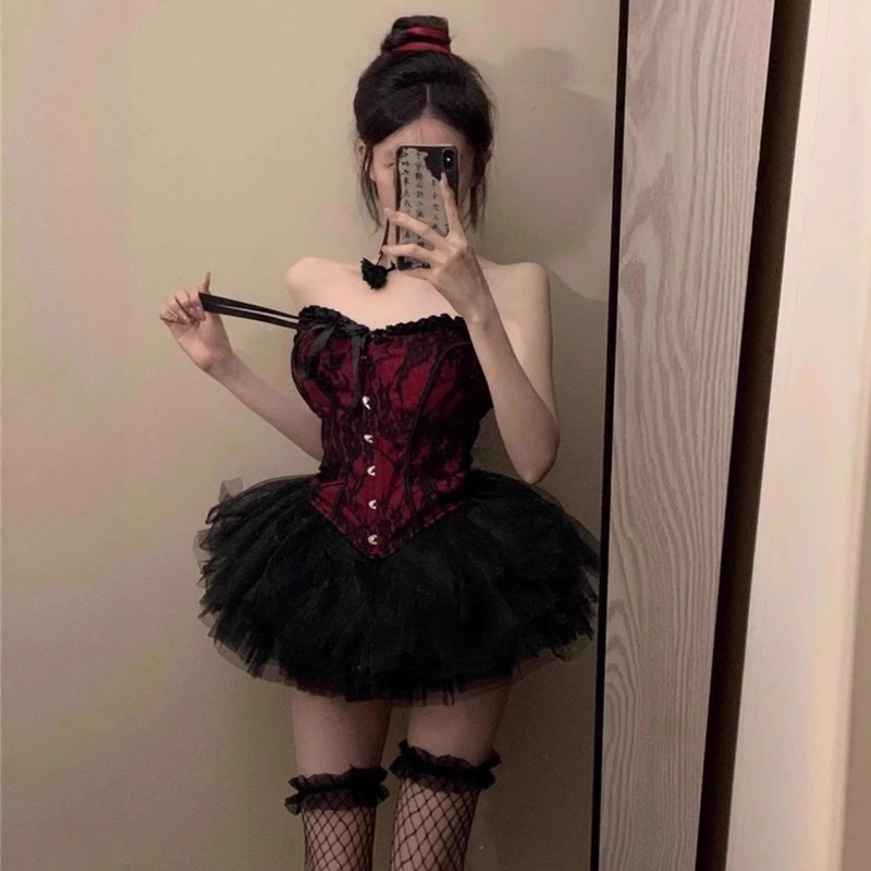 Sexy Hot Girl Halloween Costume Outfit Cosplay Tube Top Pure Desire Style Top Slimming Puffy Skirt Short Skirt Abstinence Style