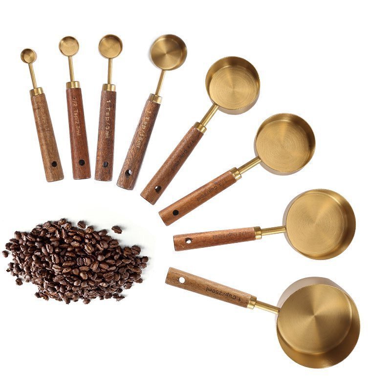 Stainless steel golden measuring spoon measuring cup Hu Xiangsi handle with scale seasoning eight-piece set coffee roasting tool measuring spoon