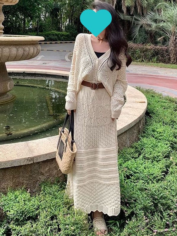 小香风勾花针织半身裙两件套装盐系轻熟显瘦减龄连衣裙早秋时尚|undefined