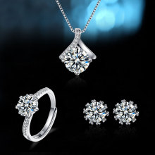 直播爆款三件套仿真莫桑钻套装六爪雪花锆石戒指项链耳钉饰品批发