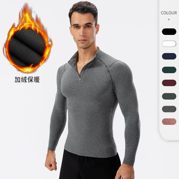 Men's Autumn and Winter Velvet Fitness Clothing High Elastic Tight Sports Running Training Long-Sleeved Warm Stand-Up Collar Sweatshirt 11517
