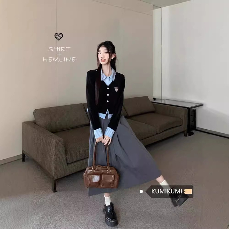 [with belt] autumn Joker lapel college style fake two-piece knitted shirt stitching pleated skirt two-piece suit